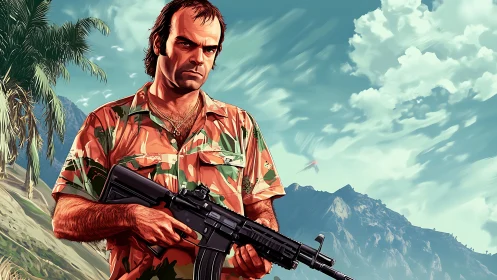 Militant figure with rifle in stylized tropical landscape.