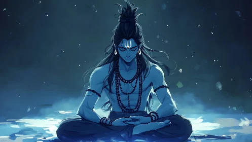 Monochrome blue yogic figure in symmetric meditative composition