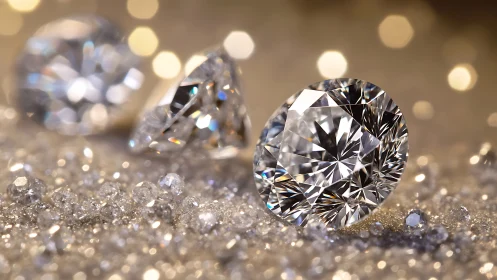 Brilliant cut diamond glowing among sparkling loose stones.