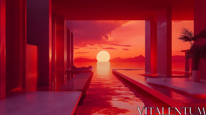 Geometric waterfront pavilion frames a hyperreal crimson sunset