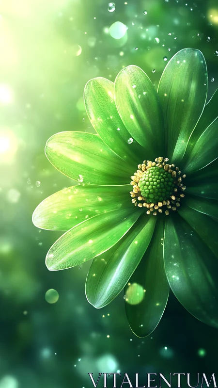 Green flower with water droplets and bokeh lighting effect.