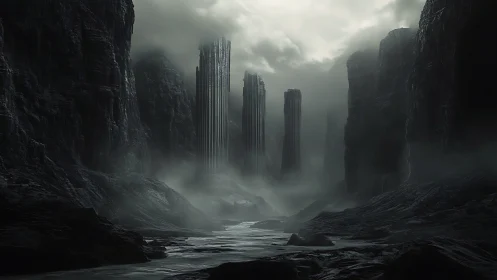 Obsidian monolith spires rise through haunted valley mists.