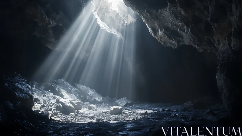 Sunlight enters rocky cave chamber through roof opening