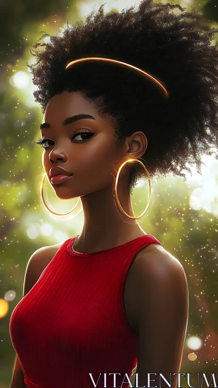 Digital portrait of afro-haired woman in halo backlight glow