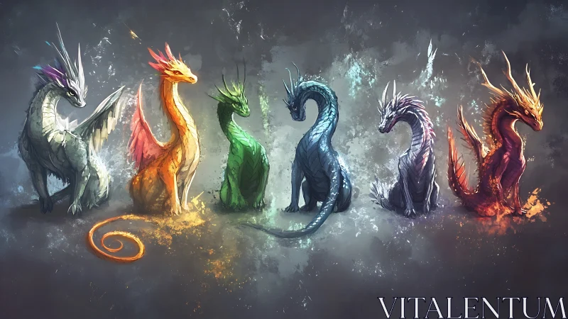 Elemental dragon lineup in six distinct glowing colors.