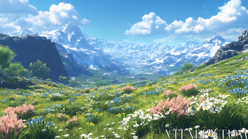 Alpine wildflower meadow opens toward expansive snowy peaks