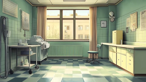 Sunlit mint-tiled clinic quietly waiting between routines.