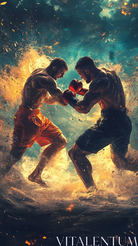Two Boxers Clash in Inferno. Dynamic Combat Rendered in Fire.