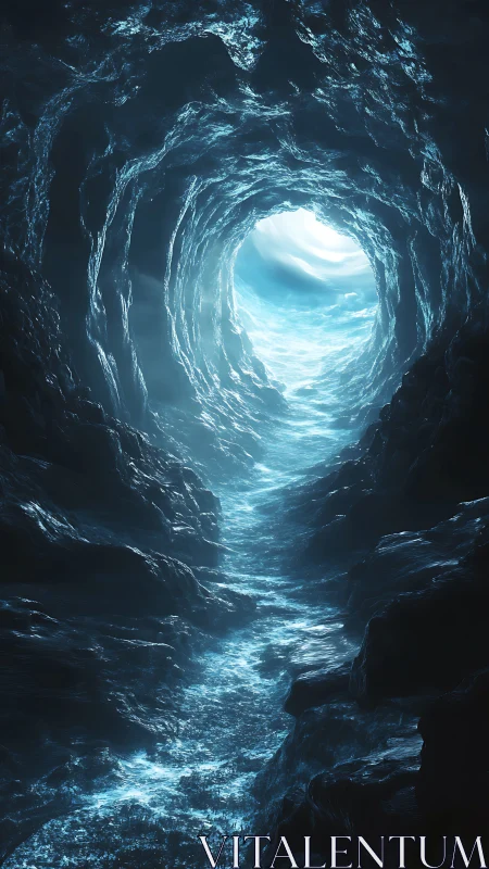 Luminescent ice tunnel opening toward a distant blue sky.