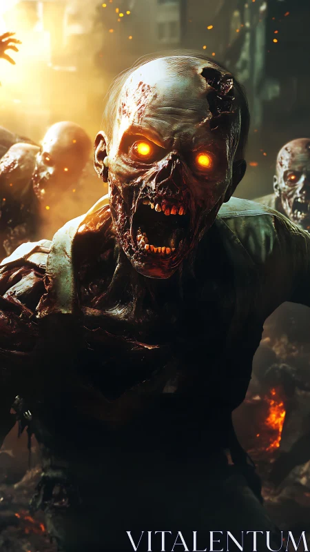 Glowing eyed zombie strides through a fiery ruined street.