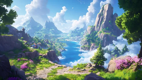 Luminous valley coastline in stylized fantasy landscape painting.