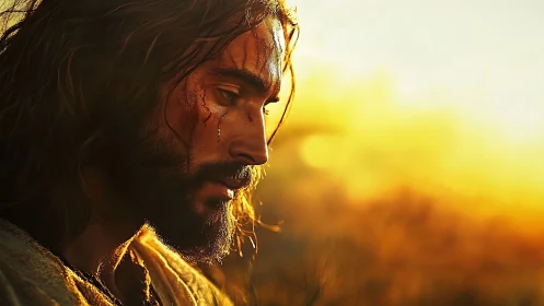 Profile view presents bearded figure against diffuse golden light