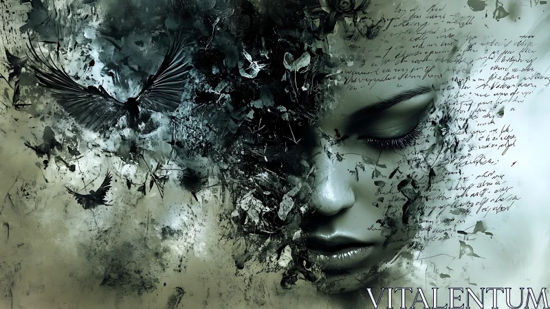 Whispers of ink and wing around a dreaming, hidden face.