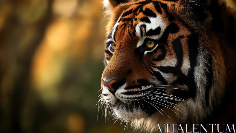 Close profile view of tiger head with blurred forest background.
