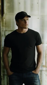 Brooding daydream leans into light against weathered wall