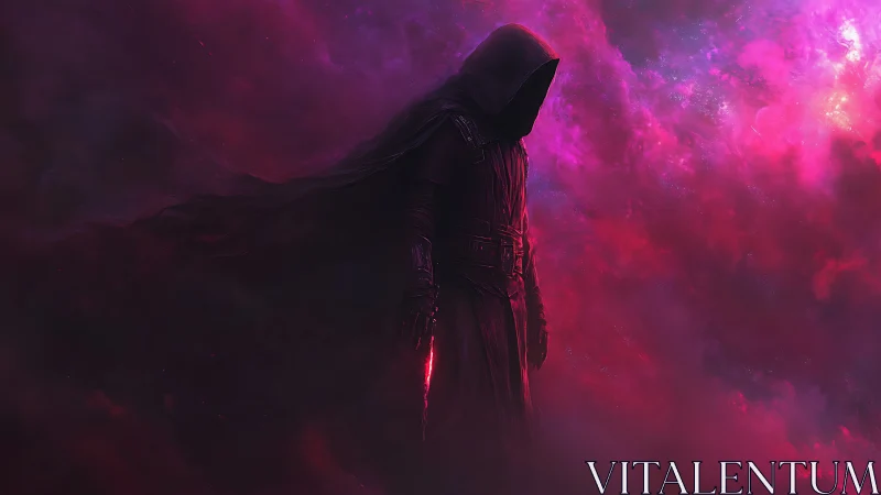 Nebula-cloaked reaper walks through crimson cosmic storm.