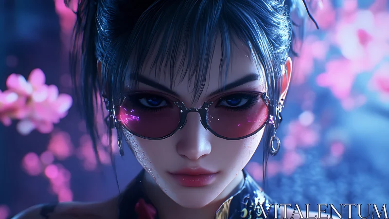 Digital portrait shows woman with tinted glasses in focus