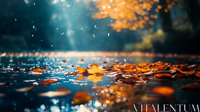 Golden autumn leaves drifting across a rainlit pond.
