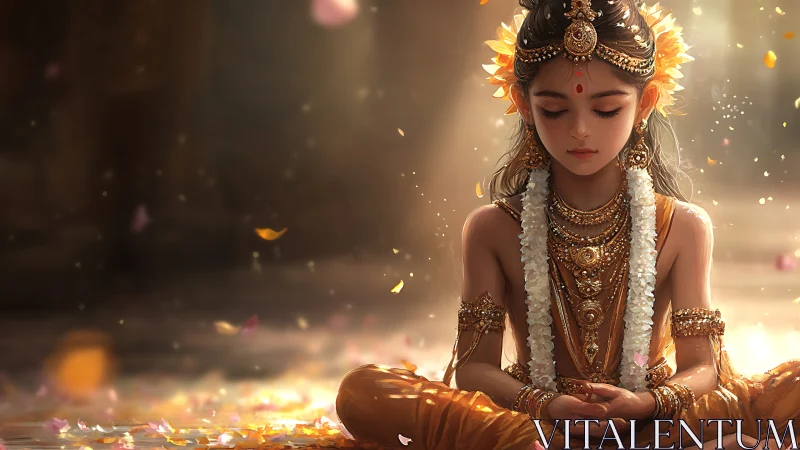 Young goddess in golden meditation amid drifting petals