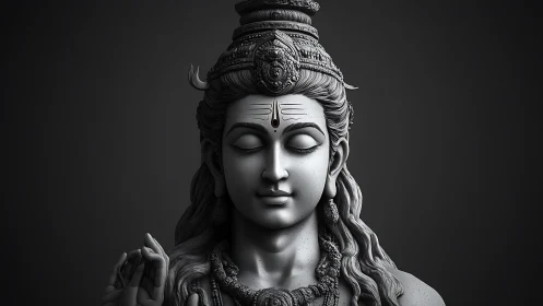 3D Shiva bust sculpture in serene monochrome render.