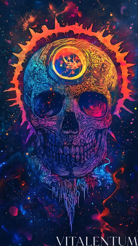 Cosmic skull hums quietly beneath a burning neon eclipse