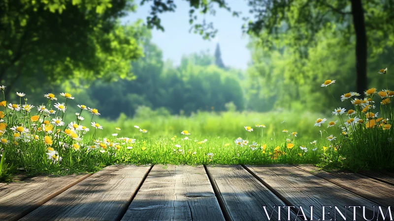 Sunlit wooden deck opens toward lush meadow with daisies