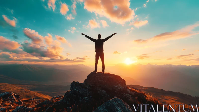 Silhouette celebrates sunrise from a mountain summit in freedom