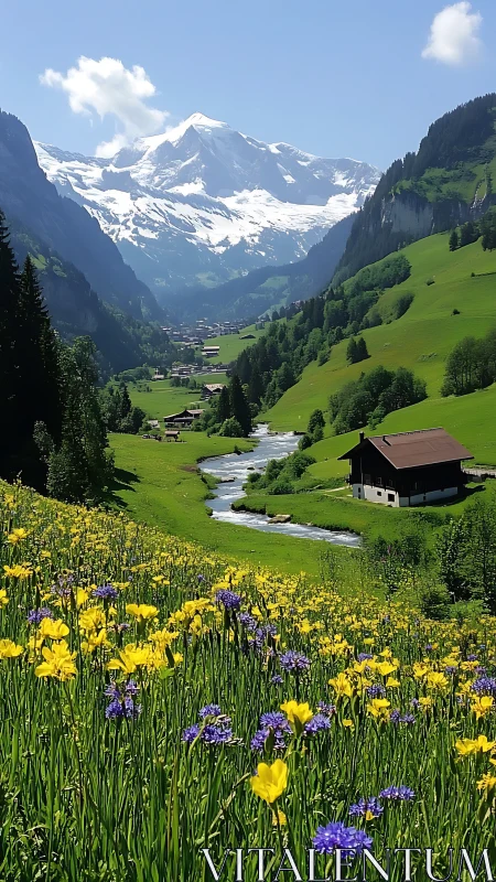 Alpine valley landscape aligns floral foreground with glacial peaks