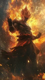 Flame wrapped warrior stands in dynamic vertical composition