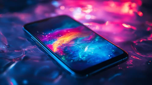 Smartphone with neon galaxy screen rests in luminous liquid