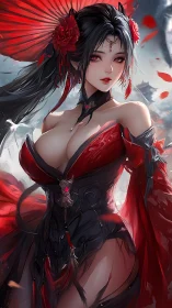 Crimson parasol enchantress in ornate fantasy armor portrait.