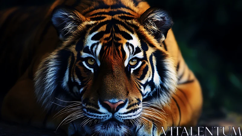 Dramatic frontal portrait captures resting tiger in low-key light
