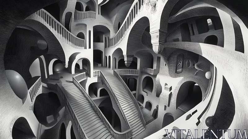 Escher inspired grayscale labyrinth of non Euclidean stairways