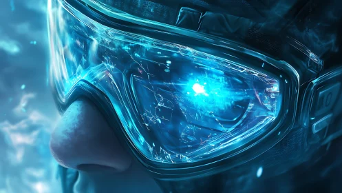 Close-up of illuminated goggles with blue digital reflection.