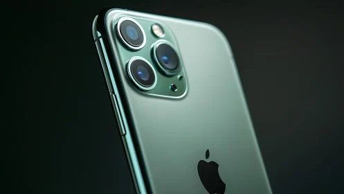 iPhone 11 Pro rear camera array in Midnight Green finish against dark background.