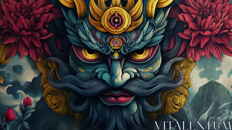 Mythic guardian mask in ornate florals and sculpted clouds.