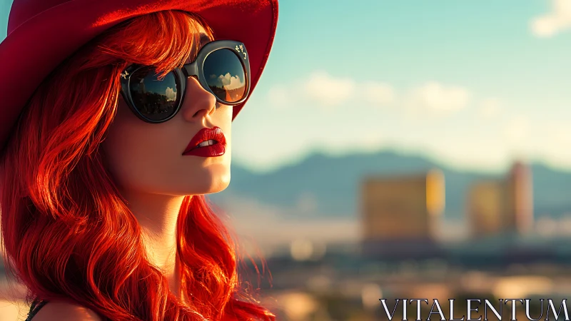 Crimson sunseeker in mirrored shades above neon desert.