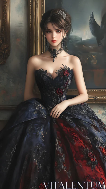 Gothic ballgown portrait with red roses and baroque backdrop
