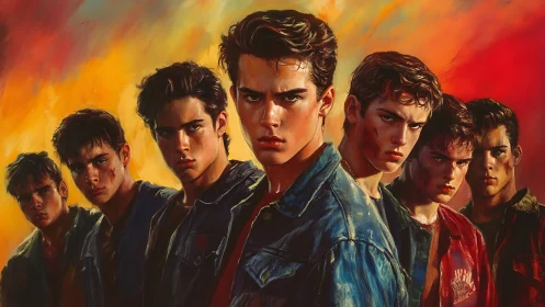 Defiant teenage gang lineup under blazing painted sky