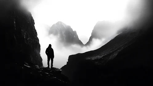 Solitary mountaineer silhouette in high-contrast misty pass.