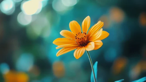 Yellow Gerbera Daisy with Shallow Depth of Field Against Teal Bokeh Background
