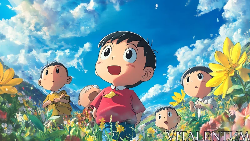 Child explorers under vivid sky in blooming meadowscape.