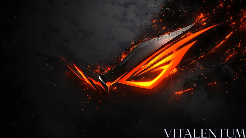 Flaming metallic emblem slices through dark textured void