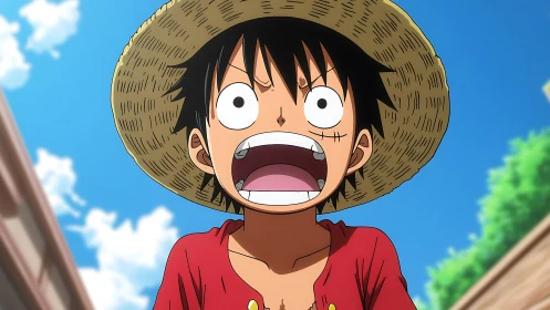 Straw hat boy shouting upward in bright cel-shaded daylight.