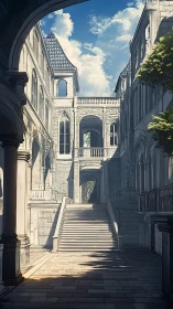Sunlit stone stairway between quiet, story-heavy academy halls.
