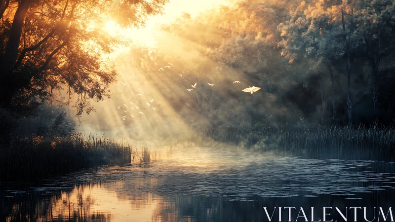 Golden dawn over quiet river where soft light meets mist.