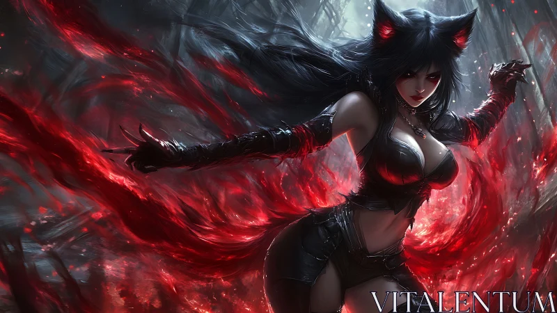 Dark forest demon warrior with red energy aura poised.