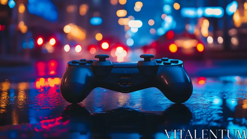 Game controller rests on wet urban street with defocused lights