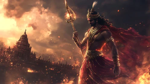 Warrior deity in fiery temple landscape at dusk.