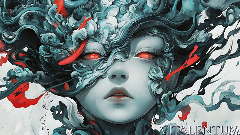 Surreal ethereal portrait with swirling cyan hair and red eyes.